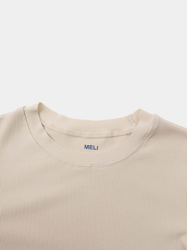 Rounded Hem Ribbed T-Shirt-Tan