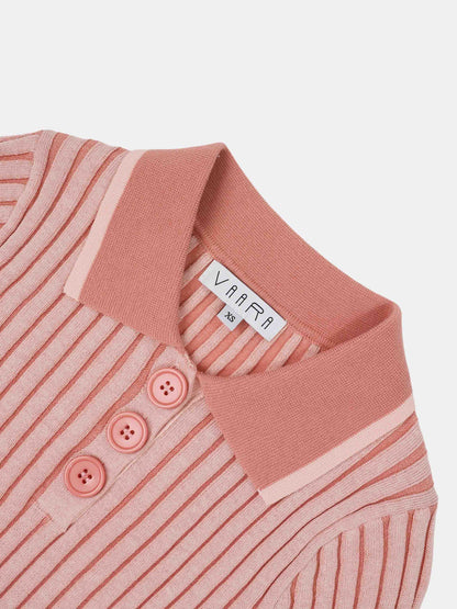 Two Tone Ribbed Polo Sweater-Peach