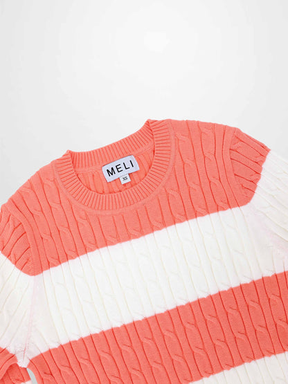 Striped Cable Sweater-Coral/White