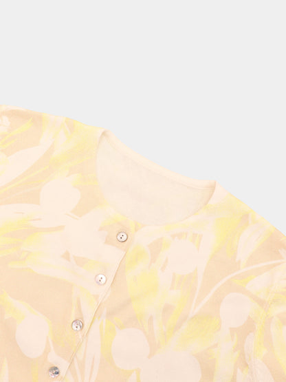 Printed Thin Button-Down Crew Cardigan-Yellow Floral