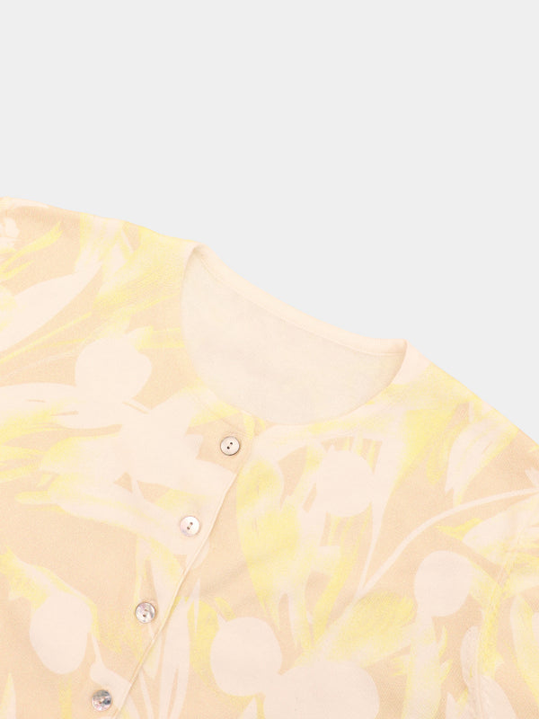Printed Thin Button-Down Crew Cardigan-Yellow Floral
