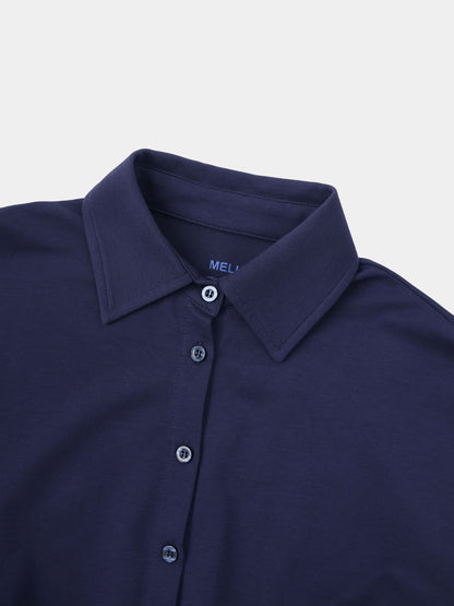 Waist Tie Button Down T-Shirt-Navy