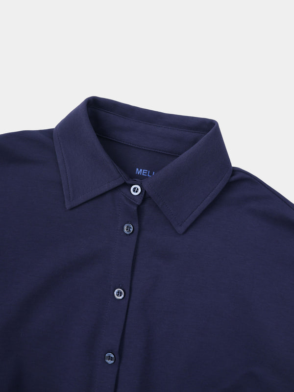 Waist Tie Button Down T-Shirt-Navy