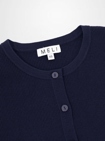 Ribbed Crew Neck Cardigan-True Navy