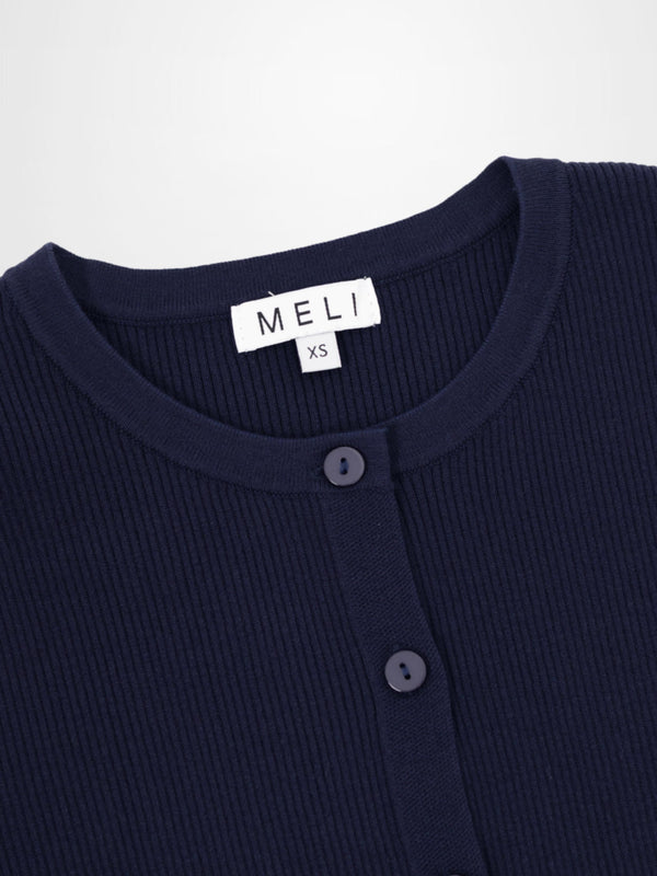 Ribbed Crew Neck Cardigan-True Navy