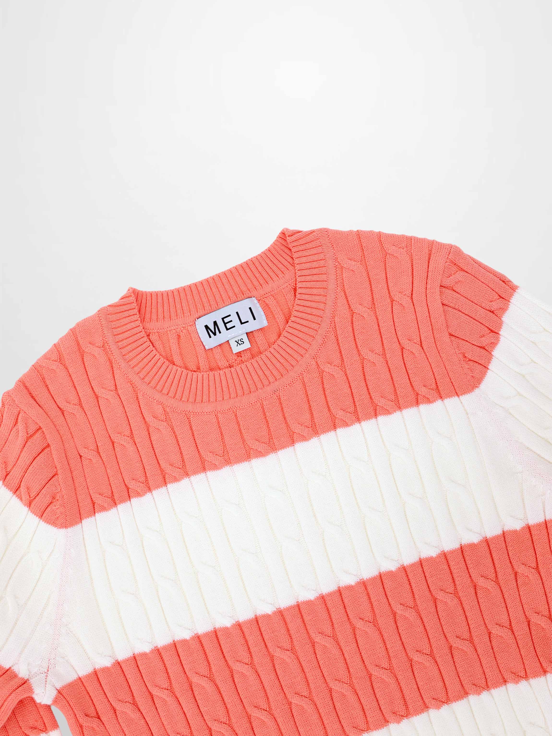 Striped Cable Sweater-Coral/White