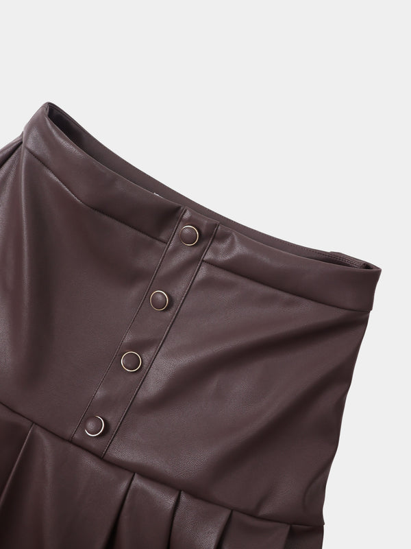 Yoke Faux Leather Pleat Skirt - Brown