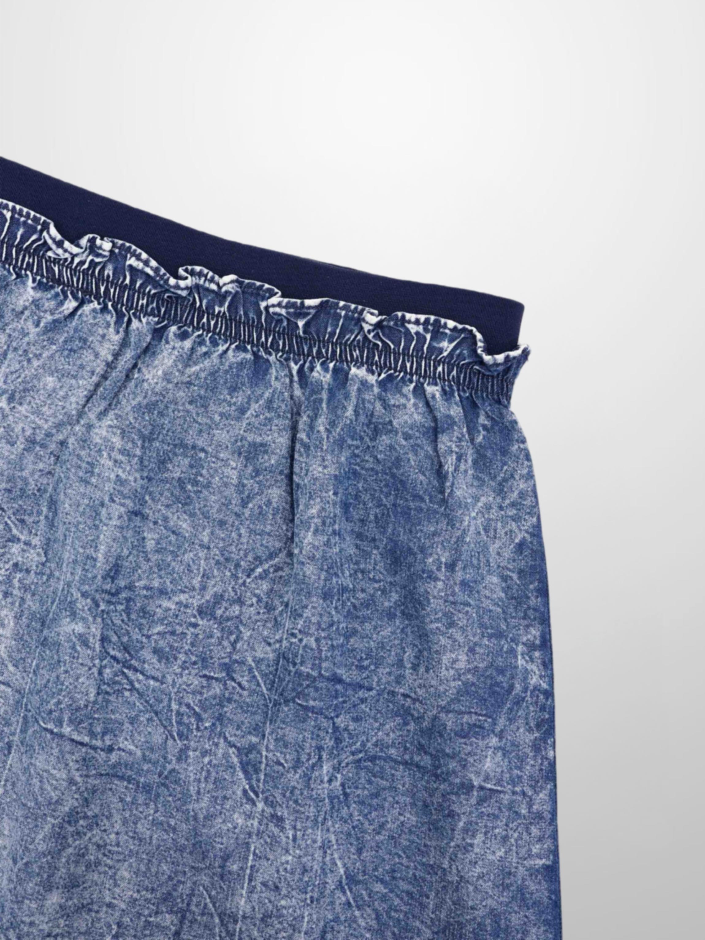 Elastic Ruffle Waist Denim Skirt-Blue Wash
