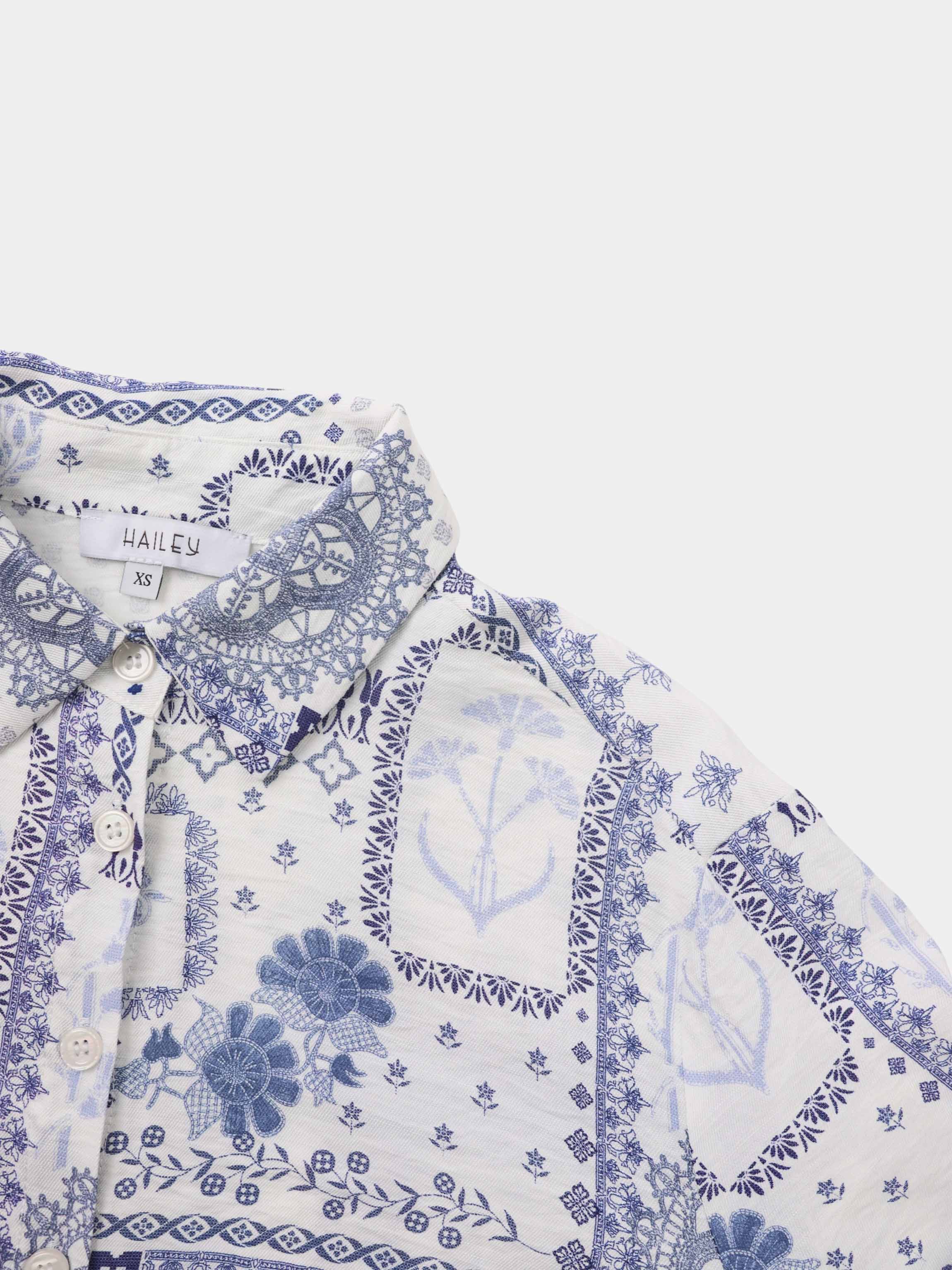 Button Down Collared Blouse-Blue Bandana
