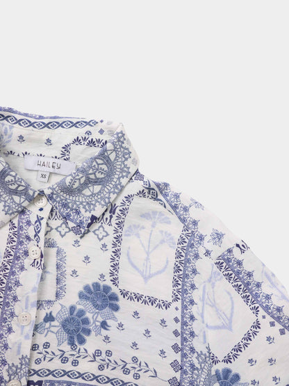 Button Down Collared Blouse-Blue Bandana
