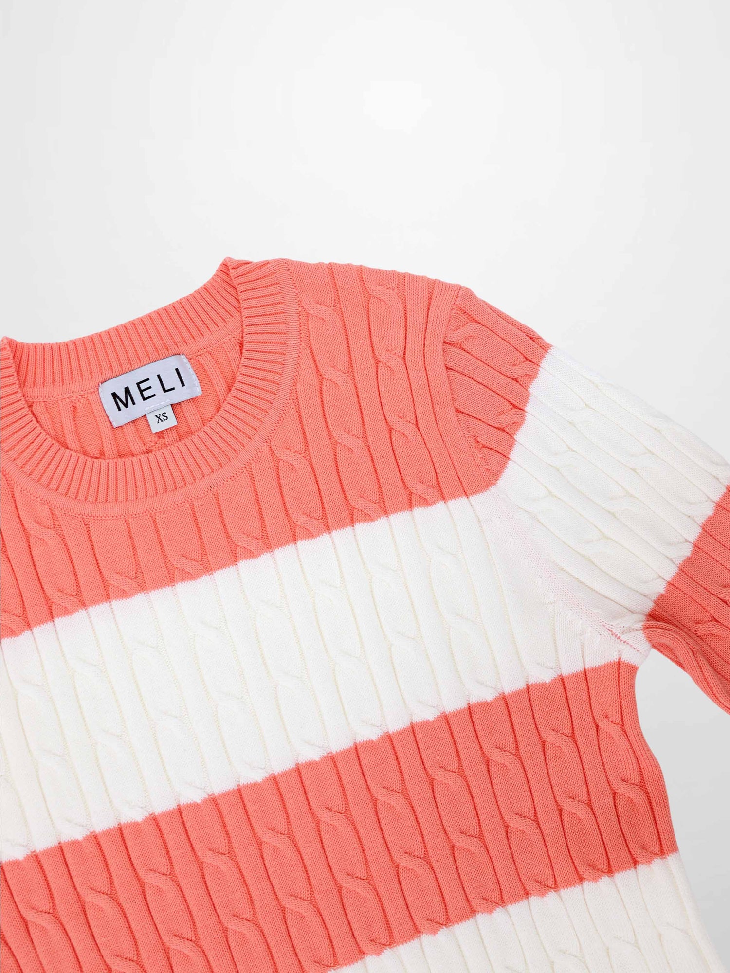Striped Cable Sweater-Coral/White