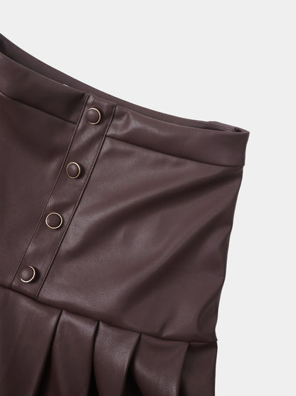 Yoke Faux Leather Pleat Skirt - Brown