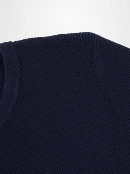 Ribbed Crew Neck Cardigan-True Navy