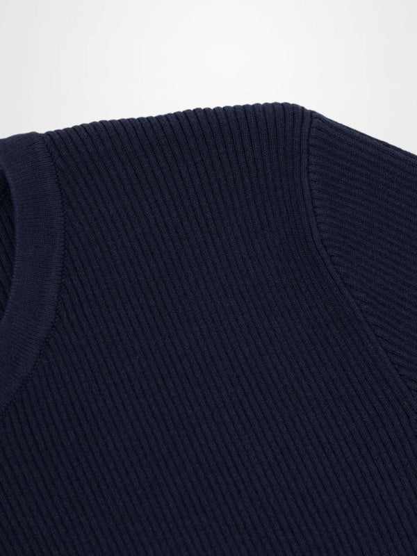 Ribbed Crew Neck Cardigan-True Navy