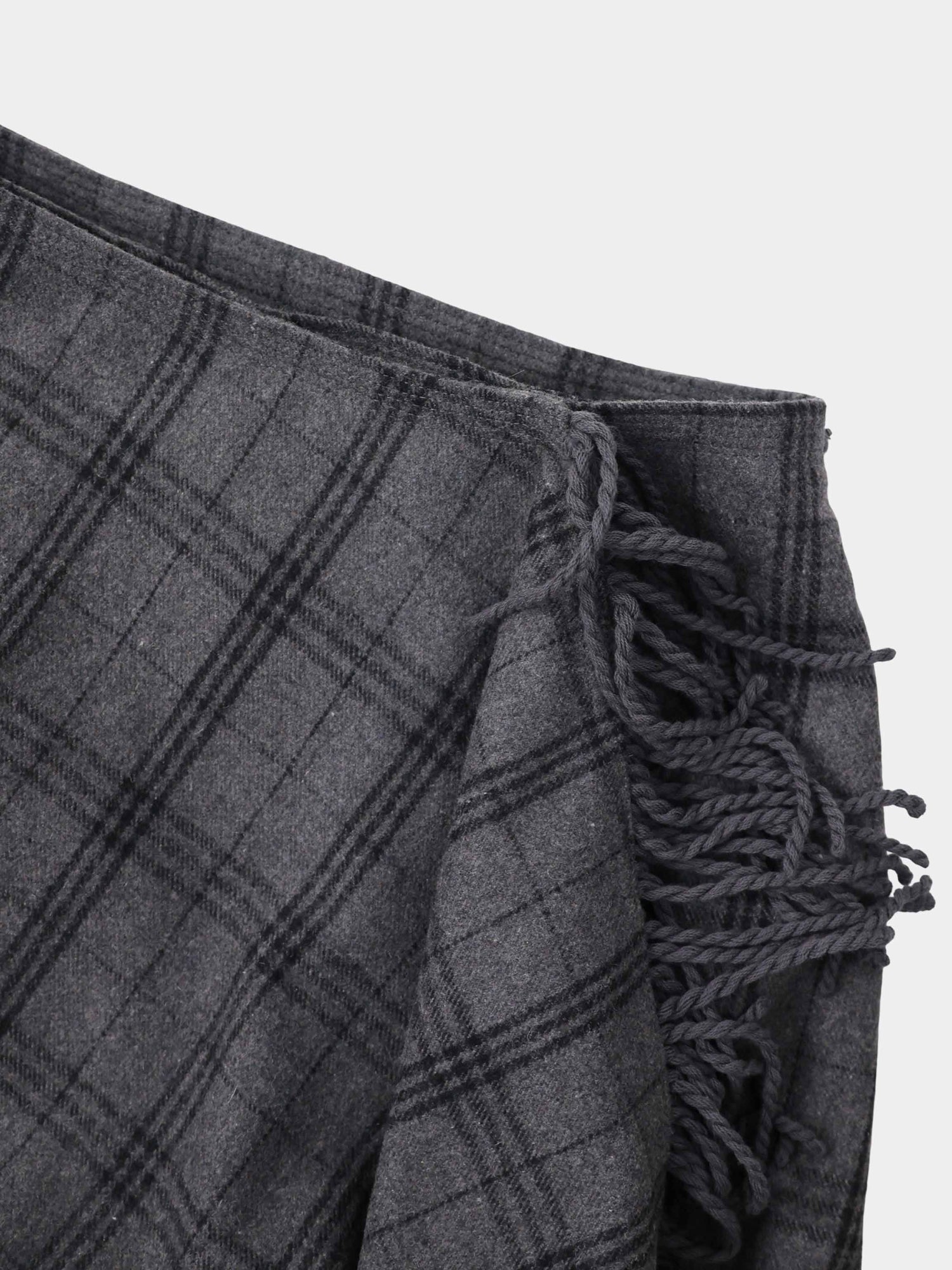 Tassel Mock Wrap Skirt - Grey Plaid
