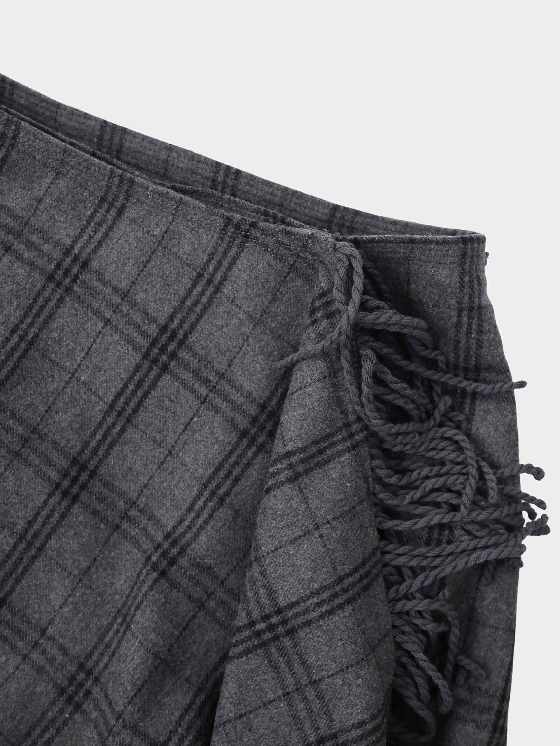 Tassel Mock Wrap Skirt - Grey Plaid