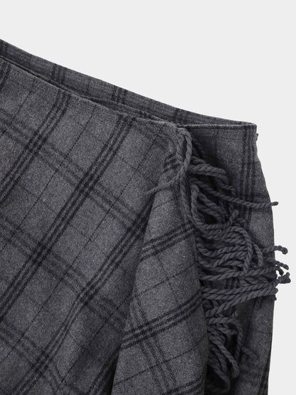 Tassel Mock Wrap Skirt - Grey Plaid