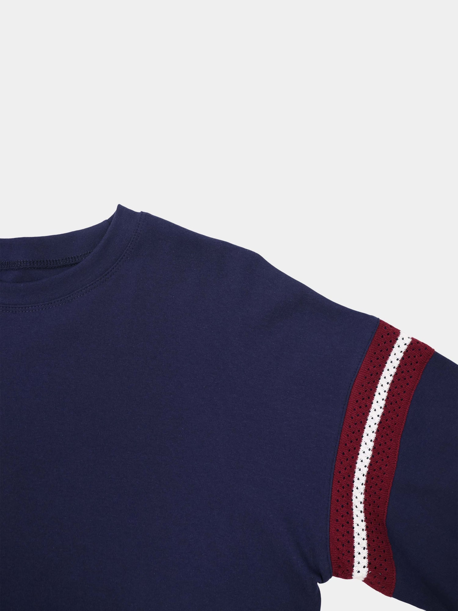 Crochet Stripe Boxy Tee-Blue/Burgundy/White
