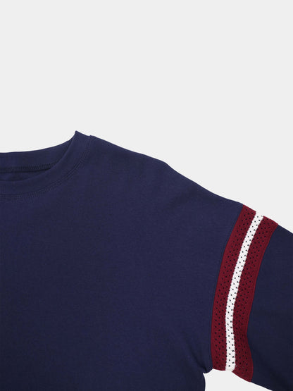 Crochet Stripe Boxy Tee-Blue/Burgundy/White