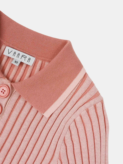 Two Tone Ribbed Polo Sweater-Peach