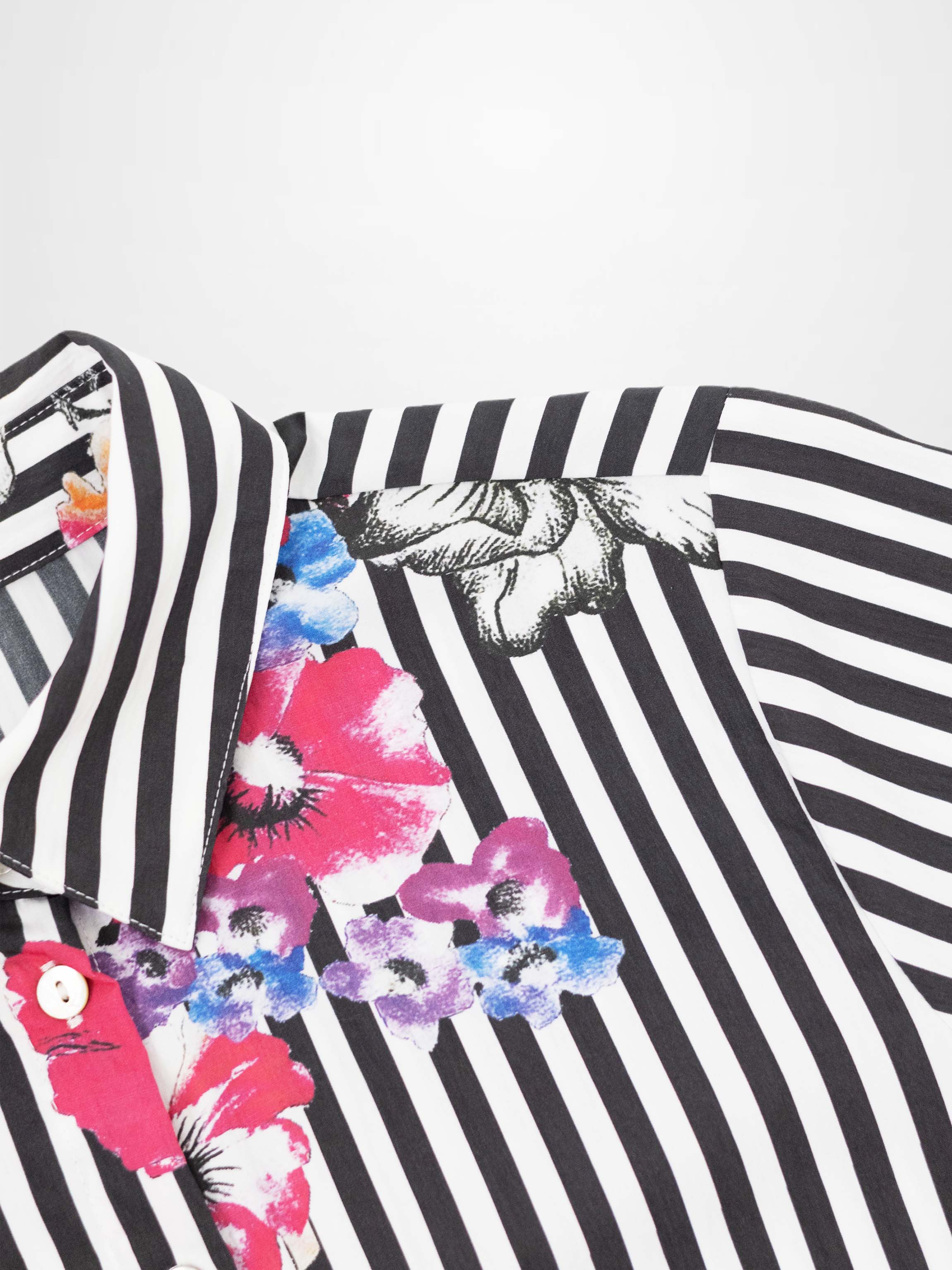 Printed Crinkle Button Down Blouse-Floral Stripe