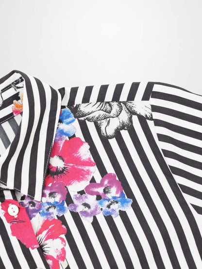 Printed Crinkle Button Down Blouse-Floral Stripe