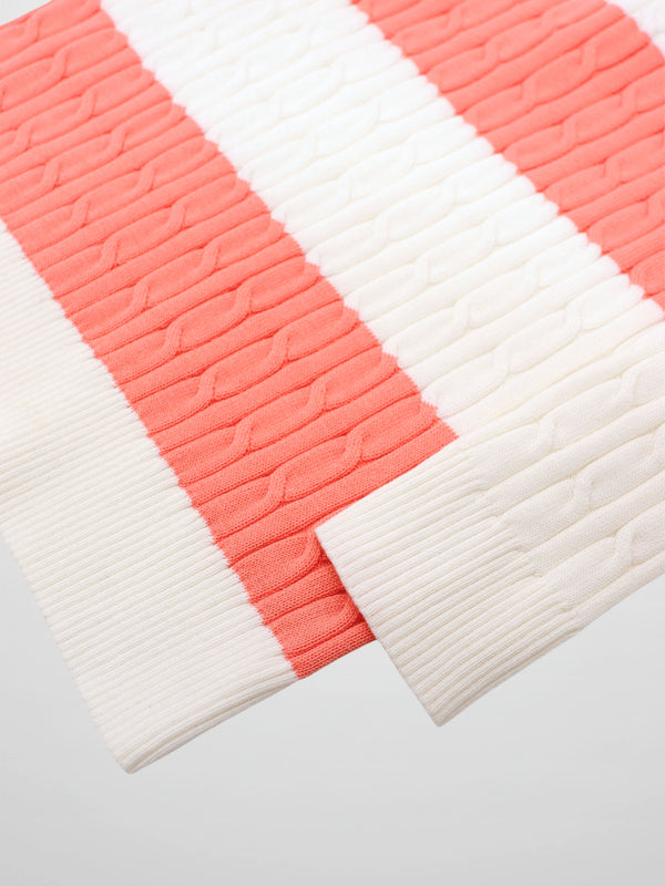 Striped Cable Sweater-Coral/White