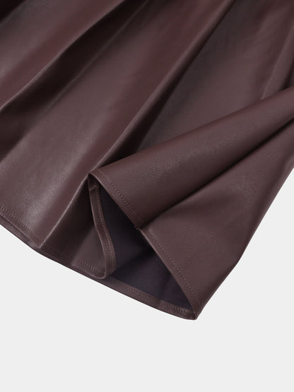 Yoke Faux Leather Pleat Skirt - Brown