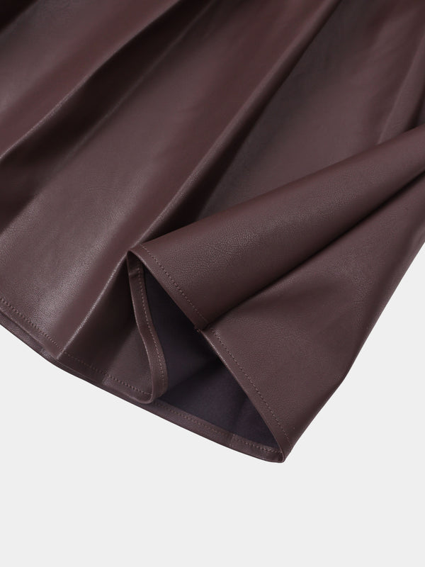 Yoke Faux Leather Pleat Skirt - Brown