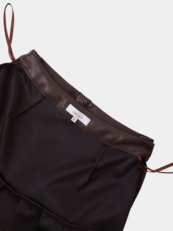 Yoke Faux Leather Pleat Skirt - Brown