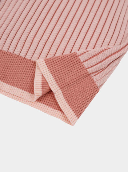Two Tone Ribbed Polo Sweater-Peach
