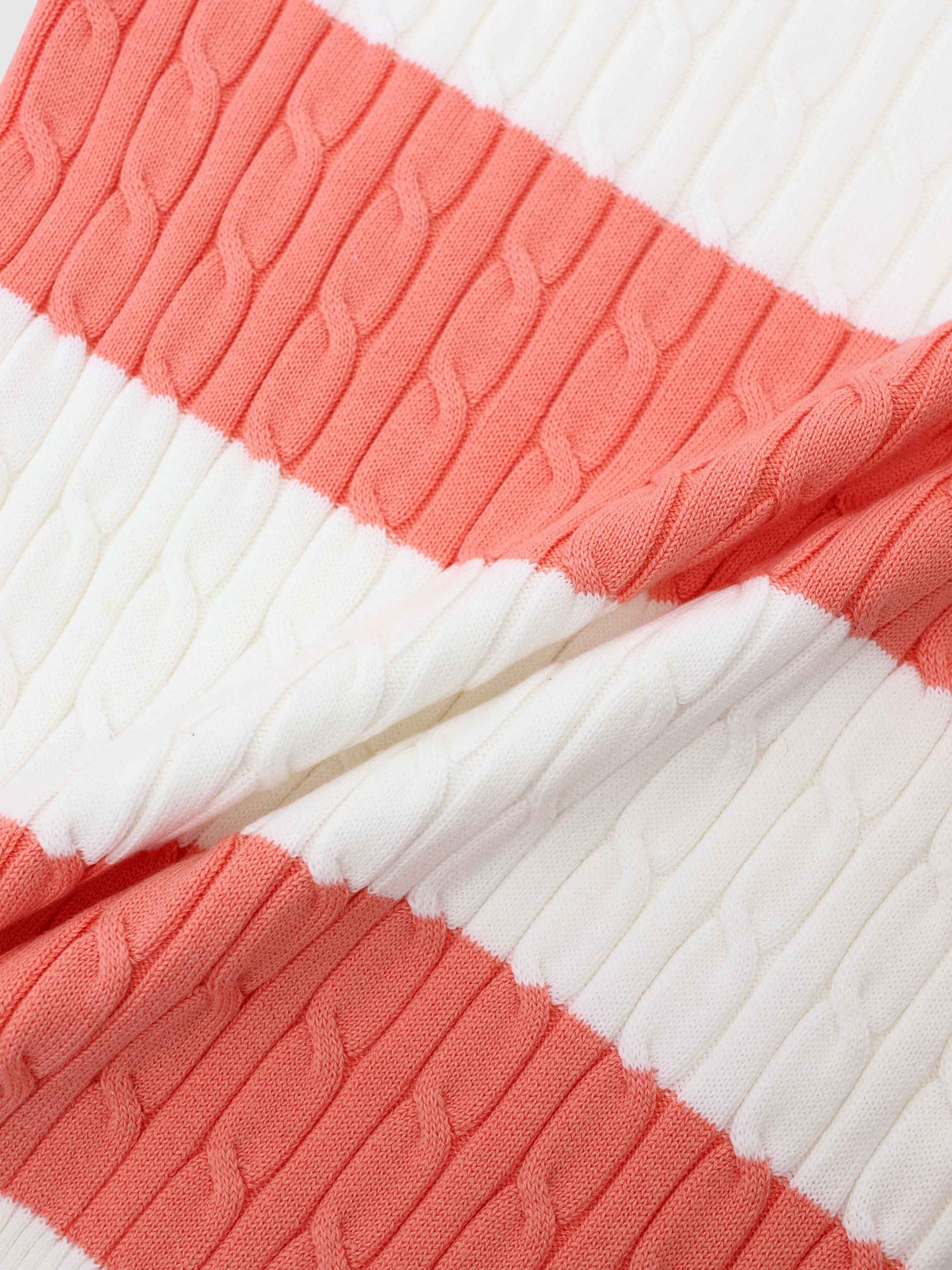 Striped Cable Sweater-Coral/White