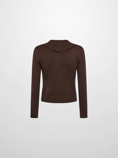 Scalloped Crochet Collar Cardigan - Brown