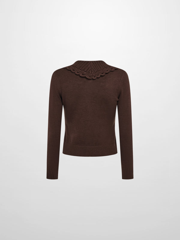 Scalloped Crochet Collar Cardigan - Brown