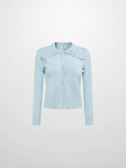 Scalloped Crochet Collar Cardigan - Light Blue