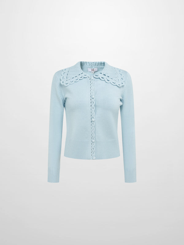 Scalloped Crochet Collar Cardigan - Light Blue