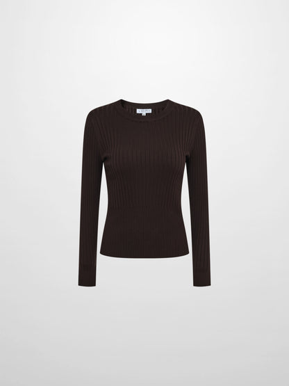 Soft Thin Ribbed Banded Sweater - Brown