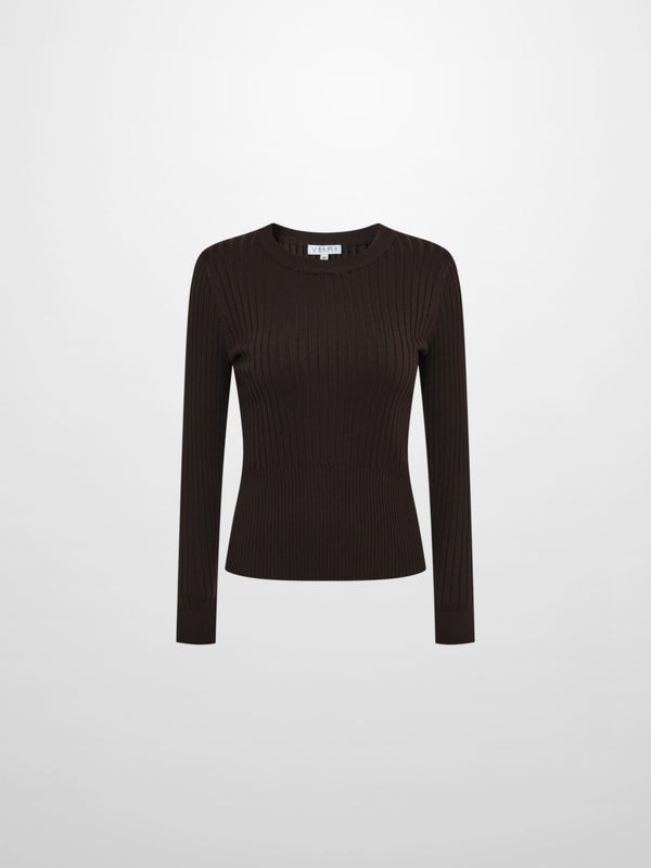 Soft Thin Ribbed Banded Sweater - Brown