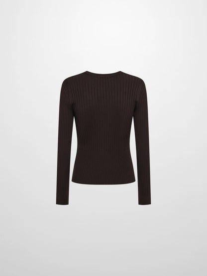 Soft Thin Ribbed Banded Sweater - Brown