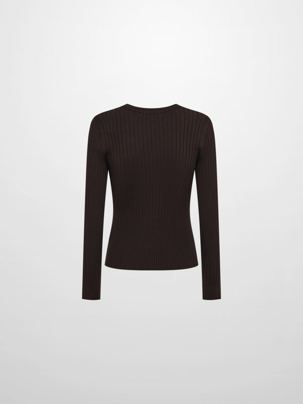 Soft Thin Ribbed Banded Sweater - Brown