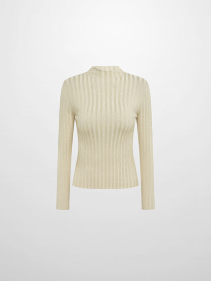 Lurex Ribbed Mock Neck Sweater - Cream