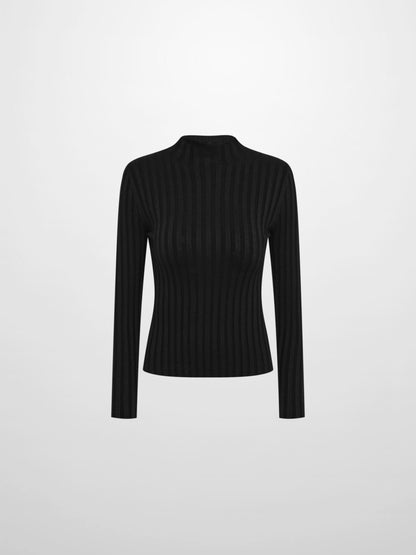 Lurex Ribbed Mock Neck Sweater - Black