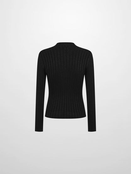 Lurex Ribbed Mock Neck Sweater - Black