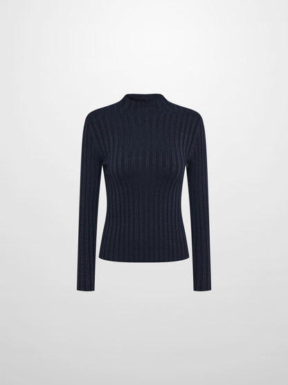 Lurex Ribbed Mock Neck Sweater - Navy
