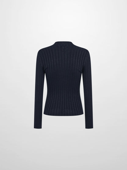 Lurex Ribbed Mock Neck Sweater - Navy