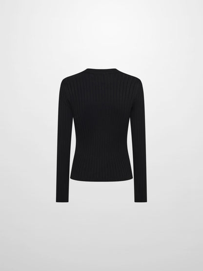 V Ribbed Sweater - Black