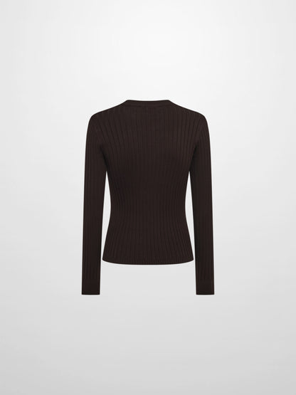 V Ribbed Sweater - Brown