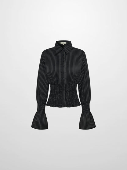 Smocked Detail Pinstripe Blouse - Black Pinstripe