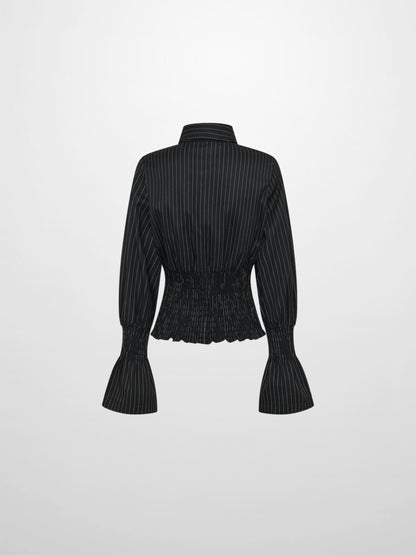 Smocked Detail Pinstripe Blouse - Black Pinstripe