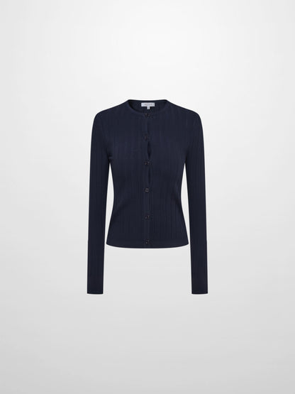 Silk Knit Ribbed Cardigan 20" - Navy